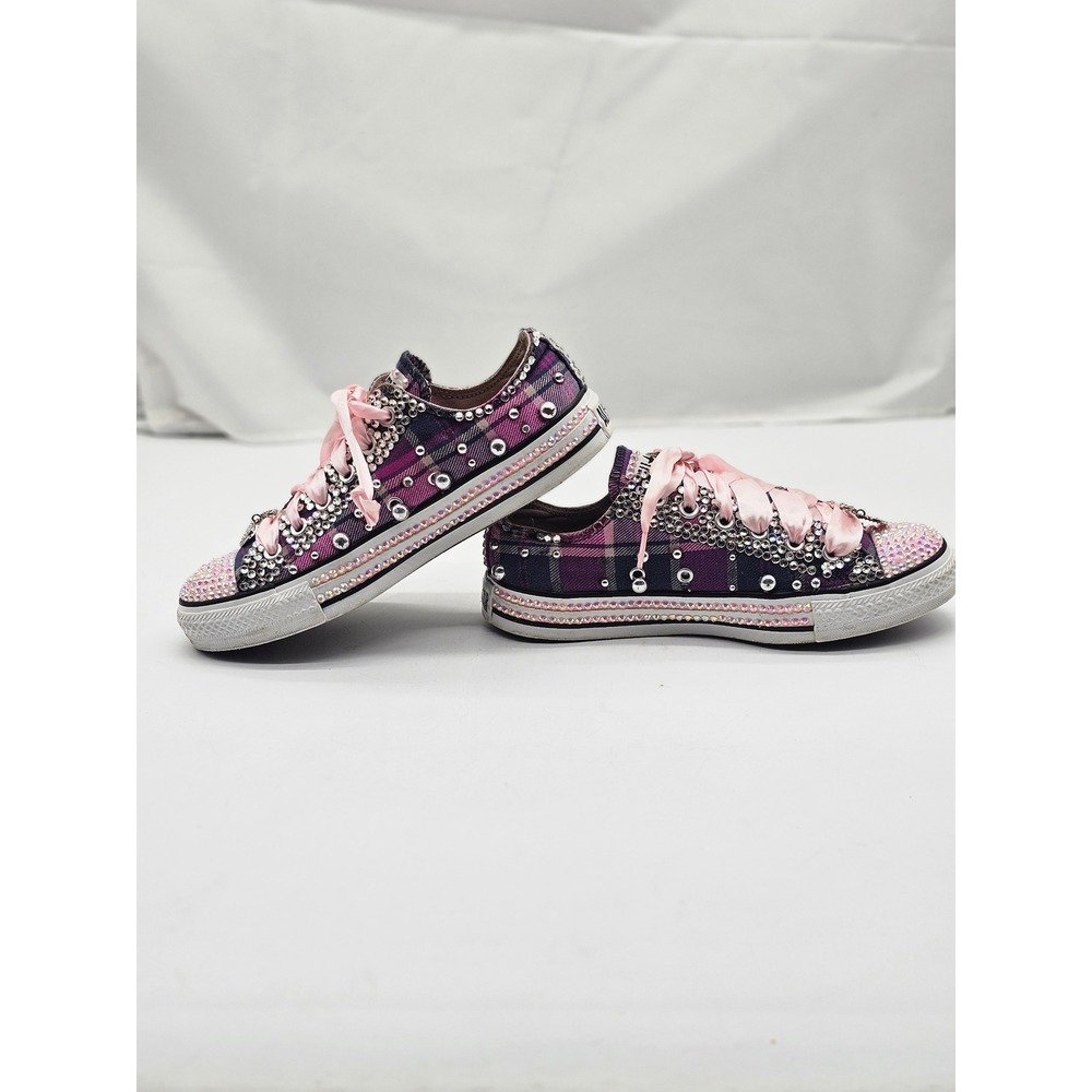 Converse Sneakers Women 5.5 Pink Custom Rhinestone Studded Plaid Heart Charm
